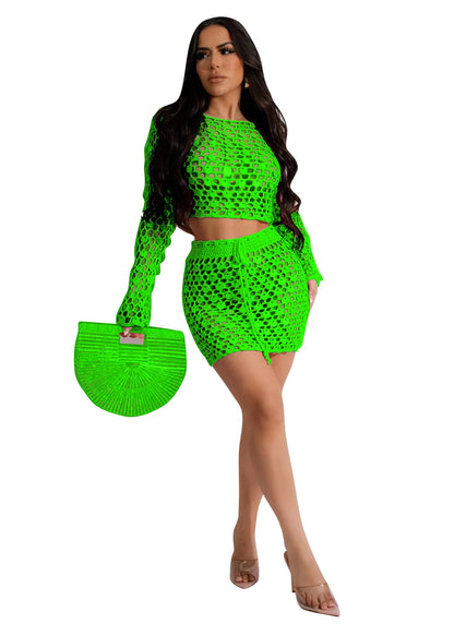 LVSANW Hollow Out Sequins Knitted Beach Two Piece Set Women Sexy Crochet Long Sleeve Crop Tops Lace Up Bodycon Mini Skirts Suits