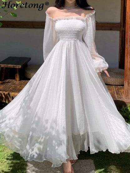 LVSANW Horetong Elegant Maxi Dresses For Women White Off Shoulder Puff Long Sleeve Elastic High Waist Party Gown Ruffle Holiday Dress