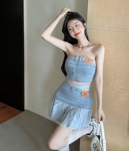 LVSANW Hot Girls Denim Suit Women's Short Sexy Slim Denim Strapless Top 2024 Summer New High Waist Skirt Two-piece Set Female Clothes