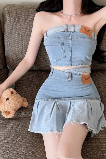 LVSANW Hot Girls Denim Suit Women's Short Sexy Slim Denim Strapless Top 2024 Summer New High Waist Skirt Two-piece Set Female Clothes