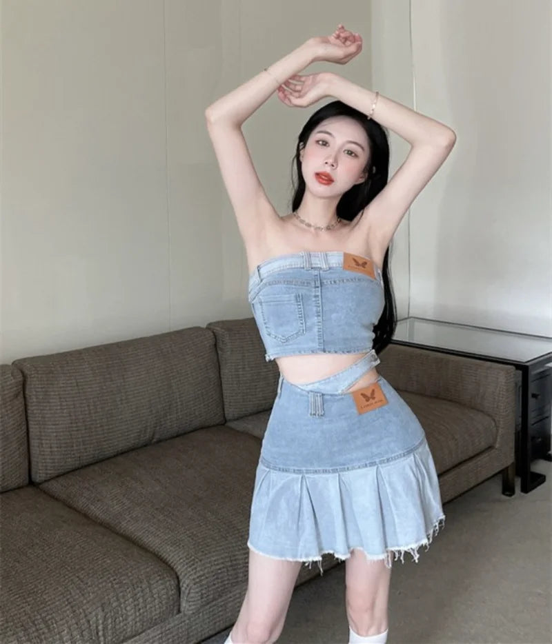 LVSANW Hot Girls Denim Suit Women's Short Sexy Slim Denim Strapless Top 2024 Summer New High Waist Skirt Two-piece Set Female Clothes