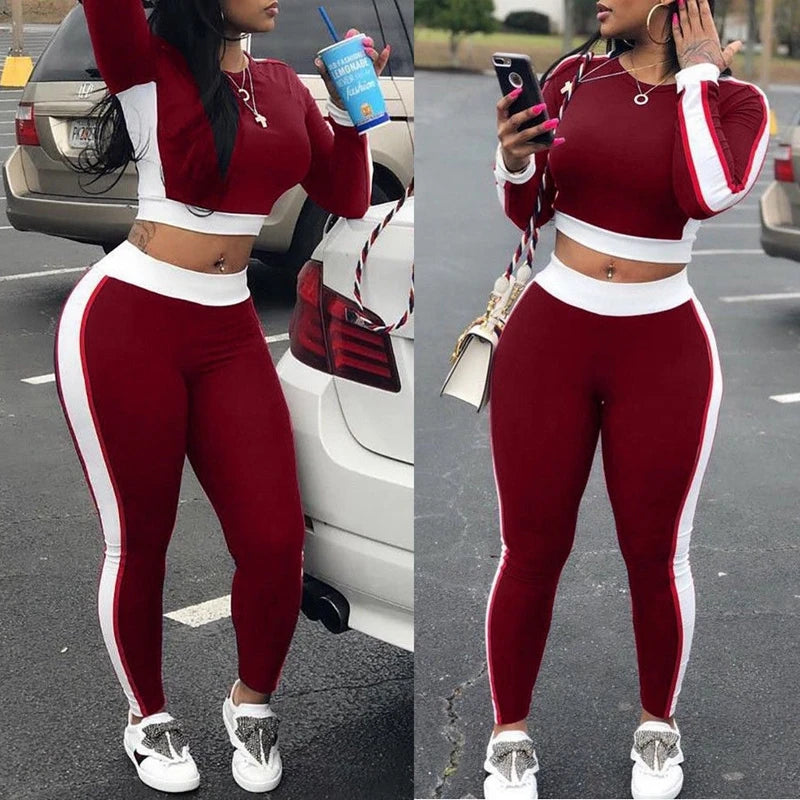 LVSANW Hot Sale Autumn Spring Women Two Pieces Casual Tracksuit Side-striped Crop Tops Ankle-length Pants Sportwear Set NEW S-XL