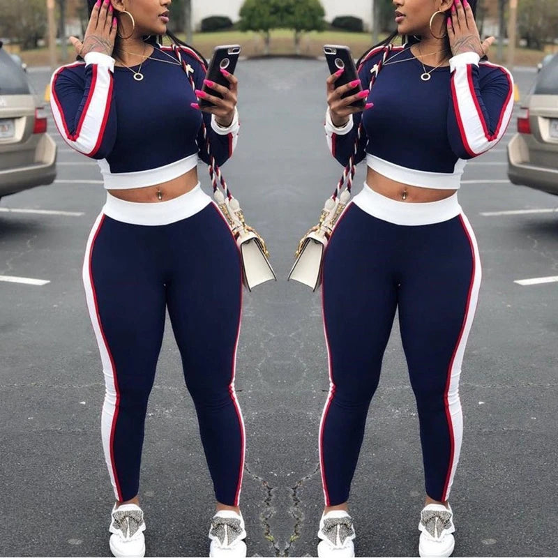 LVSANW Hot Sale Autumn Spring Women Two Pieces Casual Tracksuit Side-striped Crop Tops Ankle-length Pants Sportwear Set NEW S-XL