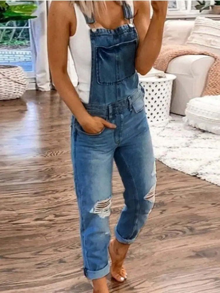 LVSANW Hot Sale Suspenders Denim Jumpsuit For Women Fashion Ripped Jeans Jumpsuit Casual Female Clothing S-3XL Drop Shipping