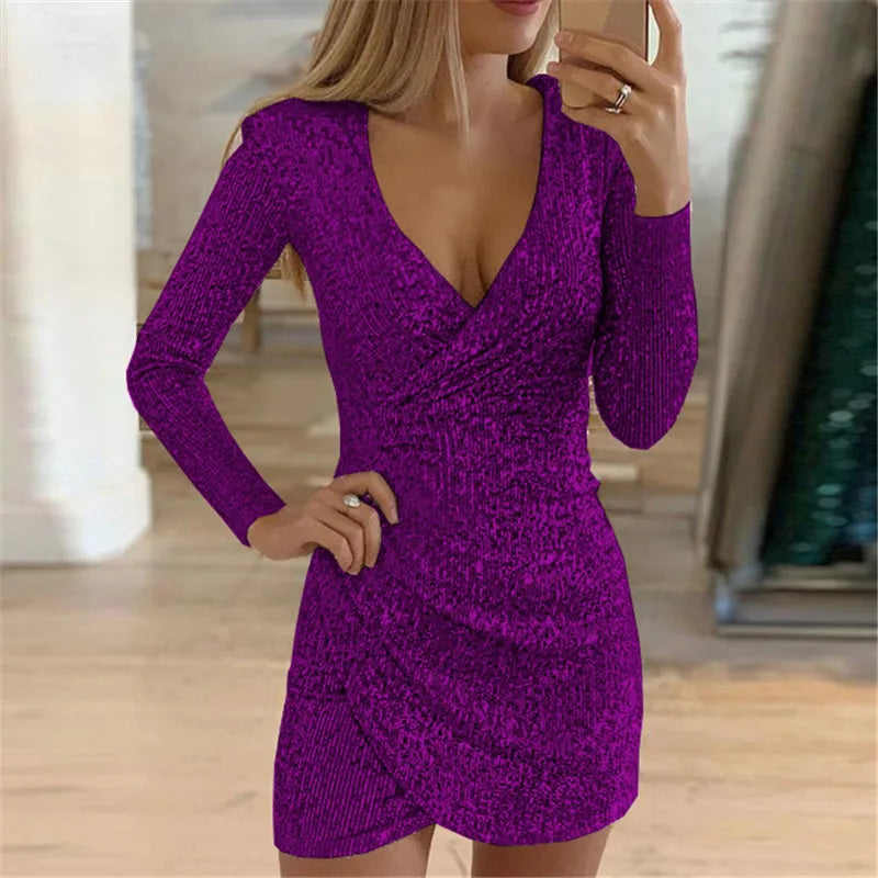 LVSANW Hot Sexy Dress Silver Glitter Dresses for Women Deep V-Neck Sequin Mini Bodycon Dress Autumn Winter Long Sleeve Party Dress WL28