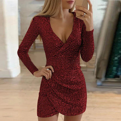 LVSANW Hot Sexy Dress Silver Glitter Dresses for Women Deep V-Neck Sequin Mini Bodycon Dress Autumn Winter Long Sleeve Party Dress WL28