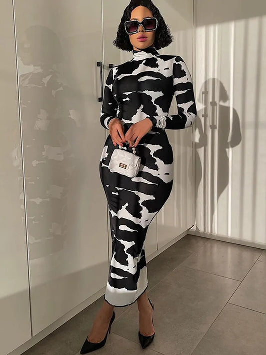 LVSANW Hugcitar 2024 Long Sleeve Turtleneck Cow Print Bodycon Maxi Dress Autumn Winter Women Fashion Party Club Sexy Outfits Clothing