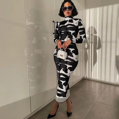 LVSANW Hugcitar 2024 Long Sleeve Turtleneck Cow Print Bodycon Maxi Dress Autumn Winter Women Fashion Party Club Sexy Outfits Clothing