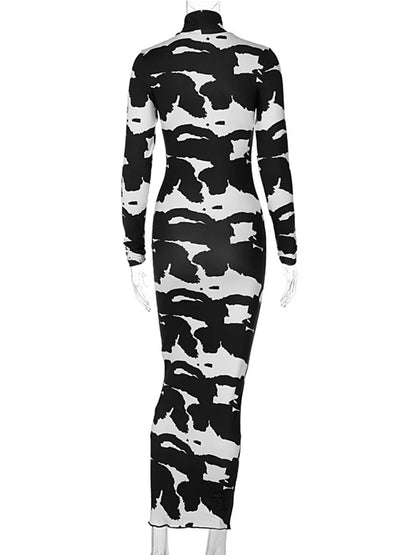 LVSANW Hugcitar 2024 Long Sleeve Turtleneck Cow Print Bodycon Maxi Dress Autumn Winter Women Fashion Party Club Sexy Outfits Clothing