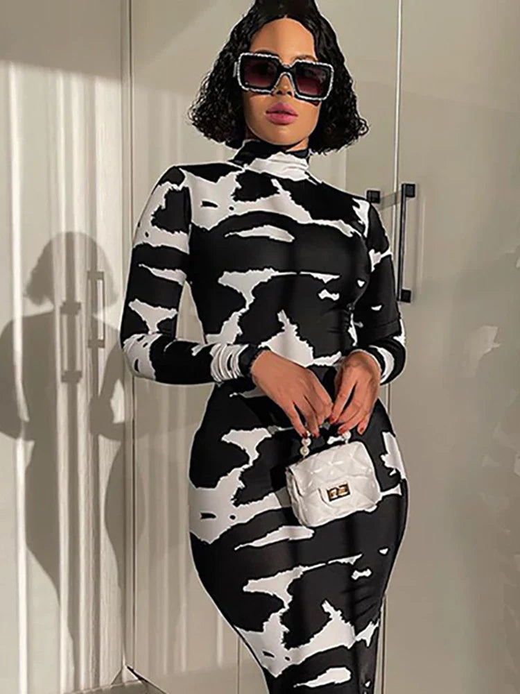 LVSANW Hugcitar 2024 Long Sleeve Turtleneck Cow Print Bodycon Maxi Dress Autumn Winter Women Fashion Party Club Sexy Outfits Clothing