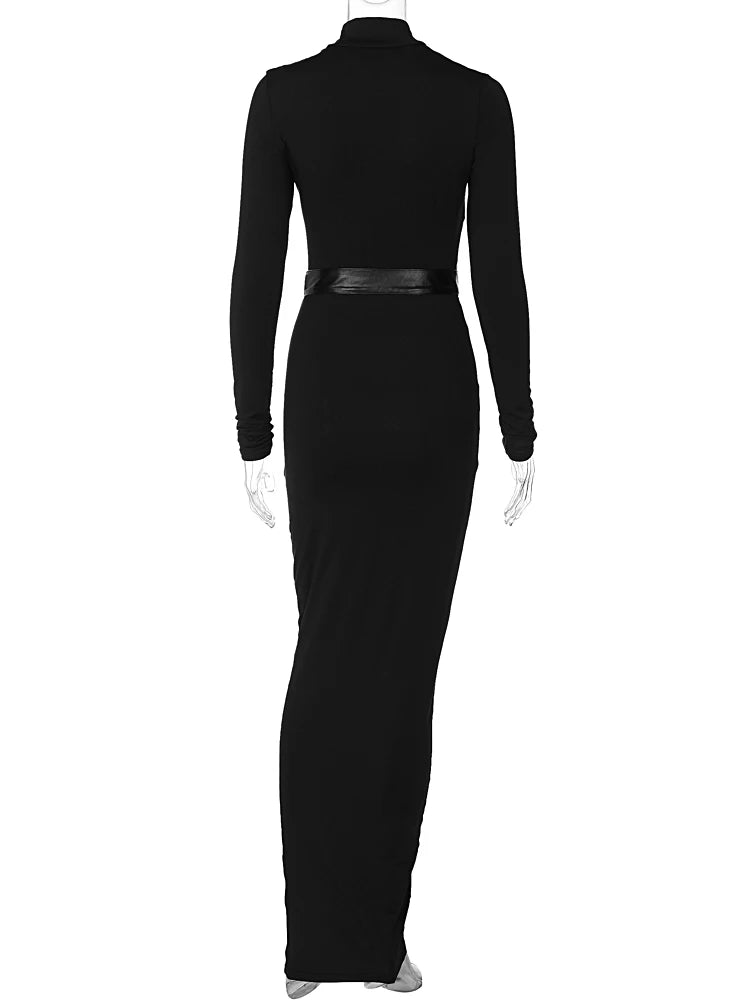 LVSANW Hugcitar Black Long Sleeve Patchwork Belt Sexy Bodycon Slim Maxi Prom Dress 2024 Winter Women Fashion Outfit Streetwear Nightclu