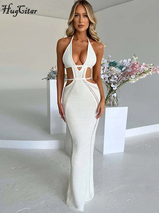 LVSANW Hugcitar Crochet Halter Sleeveless Backless Solid Hollow Out Bandage Sexy Slim Maxi Prom Dress 2024 Winter Festival Party Outfit