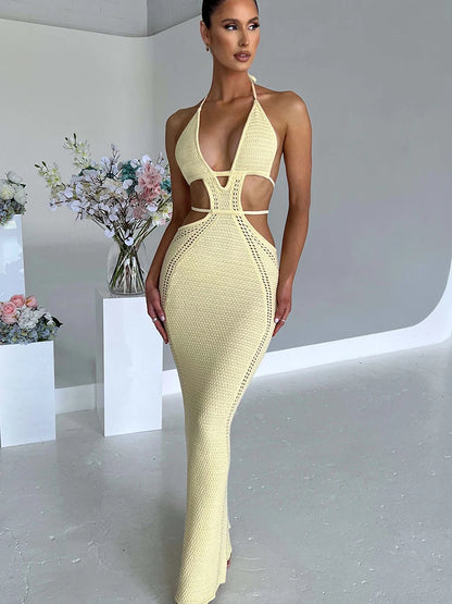 LVSANW Hugcitar Crochet Halter Sleeveless Backless Solid Hollow Out Bandage Sexy Slim Maxi Prom Dress 2024 Winter Festival Party Outfit