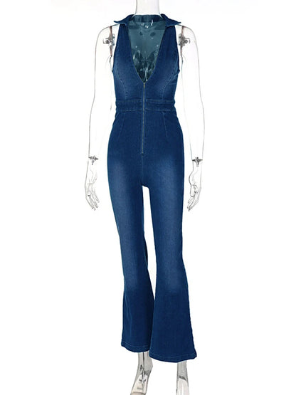 LVSANW Hugcitar Denim Jumpsuit V Neck Zipper Bell Sleeveless Sexy Outifts Elegant Backpacker  Party Summer 2024