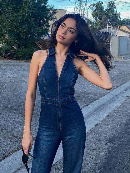 LVSANW Hugcitar Denim Jumpsuit V Neck Zipper Bell Sleeveless Sexy Outifts Elegant Backpacker  Party Summer 2024