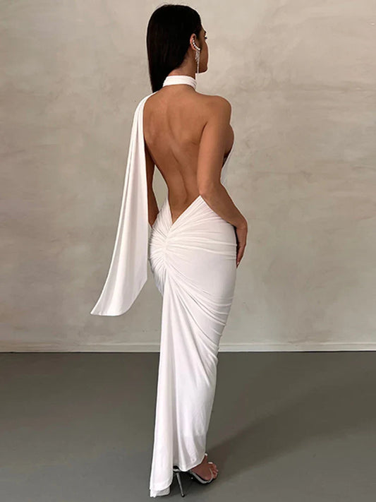 LVSANW Hugcitar Halter One Shoulder Backless Solid Draped Elegant Sexy Maxi Prom Dress 2024 Summer Women Slim Outfit Birthday Party Y2K