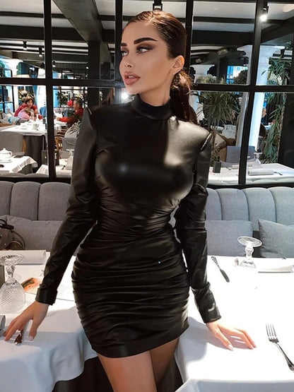 LVSANW Hugcitar Pu Leather Black Draped Elegant Sexy Bodycon Skinny Mini Dress 2024 Fall Winter Women Outfits Birthday Party Festival