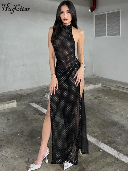 LVSANW Hugcitar Shine Halter Black Backless Diamonds Slit Elegant Sexy Slim Maxi Dress 2024 Spring Summer Women Outfits Party Festival