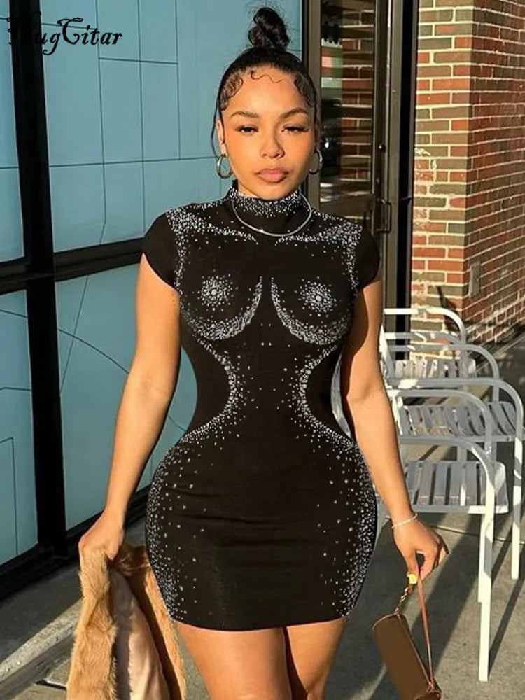 LVSANW Hugcitar Shine Sequined Black Short Sleeve Elegant Sexy Bodycon Mini Prom Dress Summer Women Fashion Outfit Evening Party Club