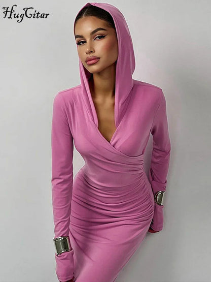 LVSANW Hugcitar Solid Hoodies V Neck Long Sleeve Draped Sexy Slim Maxi Dress 2024 Winter Women Fashion Y2K Outfits Streetwear Party