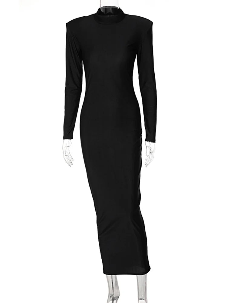 LVSANW Hugcitar Solid Long Sleeve With Shoulder Pads Turtleneck Maxi Dress 2024 New Year Women Fashion Streetwear Elegant Skinny