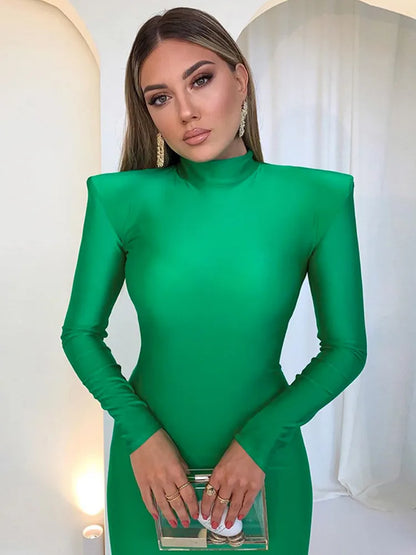 LVSANW Hugcitar Solid Long Sleeve With Shoulder Pads Turtleneck Maxi Dress 2024 New Year Women Fashion Streetwear Elegant Skinny