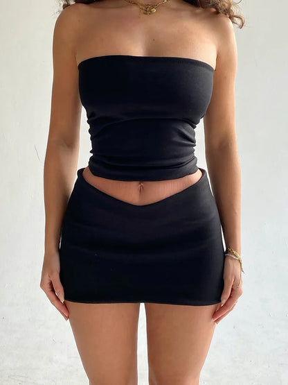 LVSANW Hugcitar Solid Sleeveless Folds Tube Crop Top Skirts 2 Piece Matching Set Summer Fashion Streetwear Beach Clothing Drop Shipping