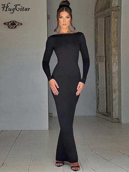 LVSANW Hugcitar Spring Elegant Long Sleeve Backless Solid Cuched Sexy Bodycon Maxi Prom Dress Women Outfit Evening Party Festival Y2K