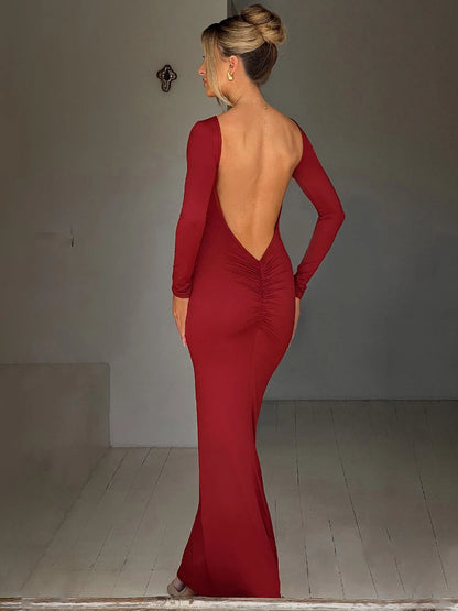 LVSANW Hugcitar Spring Elegant Long Sleeve Backless Solid Cuched Sexy Bodycon Maxi Prom Dress Women Outfit Evening Party Festival Y2K