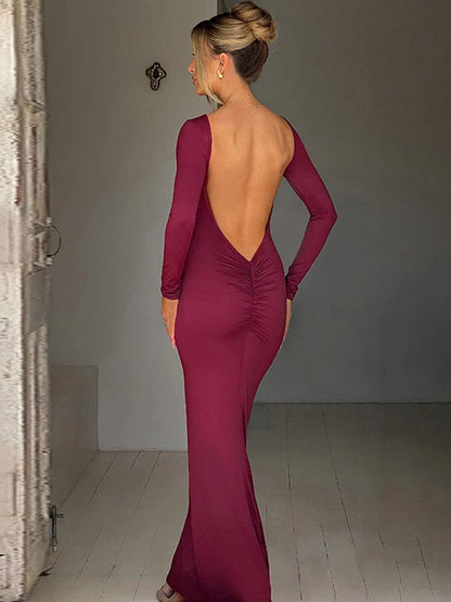 LVSANW Hugcitar Spring Elegant Long Sleeve Backless Solid Cuched Sexy Bodycon Maxi Prom Dress Women Outfit Evening Party Festival Y2K