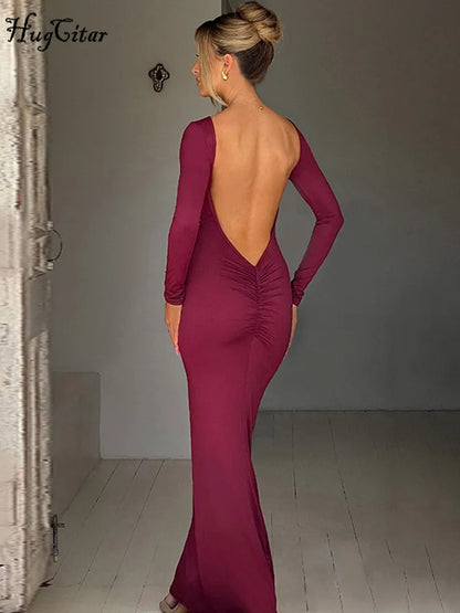 LVSANW Hugcitar Spring Elegant Long Sleeve Backless Solid Cuched Sexy Bodycon Maxi Prom Dress Women Outfit Evening Party Festival Y2K