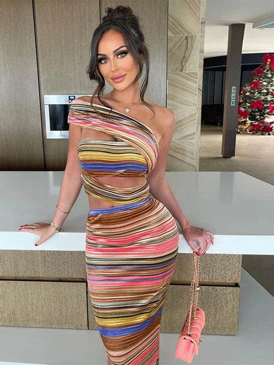 LVSANW Hugcitar Stripe  Y2K Clothes Sleeveless Backless Bodycon Evening Maxi Dresses Hollow Out Women Club Birthday Party Outfits