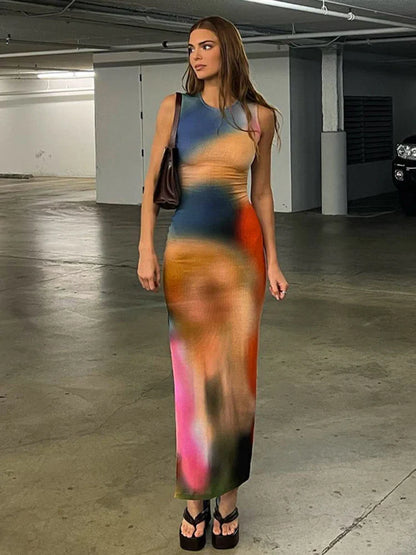 LVSANW Hugcitar Tie Dye Print Ribbed Midi Dress For Women 2024 Summer Outfits Bodycon Side Slit Y2K Outfits Sexy Streetwear Long Dress