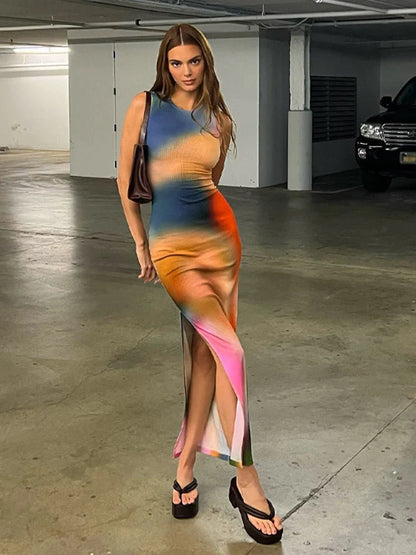 LVSANW Hugcitar Tie Dye Print Ribbed Midi Dress For Women 2024 Summer Outfits Bodycon Side Slit Y2K Outfits Sexy Streetwear Long Dress