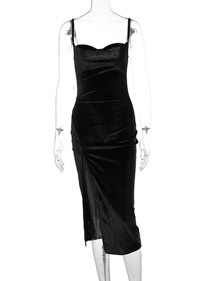 LVSANW Hugcitar Velvet Swing Collar Sleeveless Slip Sexy Slit Maxi Dress 2024 New Fashion Evening Party Women Elegant Streetwear Y2K