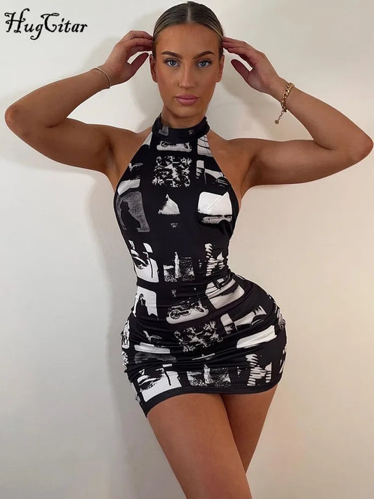 LVSANW Hugcitar Vintage Print Halter Sleeveless Backless Sexy Slim Bodycon Mini Dress 2024 Summer Y2K Outfit Streetwear Nightclub Biker