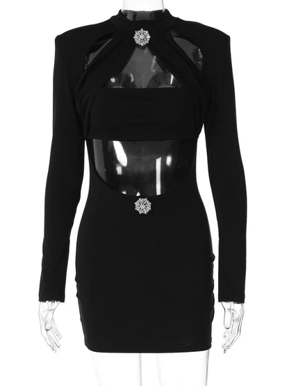 LVSANW Hugcitar Winter Black Long Sleeve Crystal Shoulder Pads Hollow Out Sexy Slim Mini Dress Women Fashion Clothes Evening Party Club