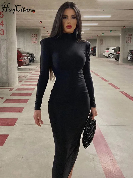 LVSANW Hugcitar Women Fashion Turtleneck Long Sleeves Black Sexy Bodycon Maxi Prom Dress 2024 Fall Casual Streetwear Halloween Costumes