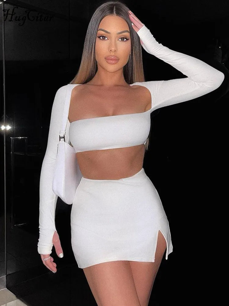 LVSANW Hugcitar Women New 2 Pcs Set Solid Long Sleeves Square Neck Backless Bandage Crop Top Slit Skirt Summer Rave Festival Outfit