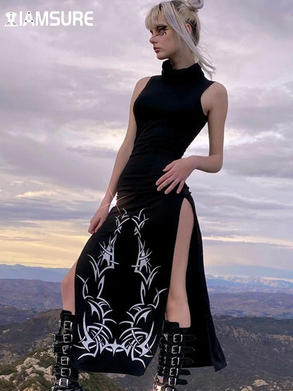 LVSANW IAMSURE Dark Split Side Summer Dress Gothic Sexy Slim Turtleneck Sleeeveless Long Dresses For Women 2024 Party Night Club Wear