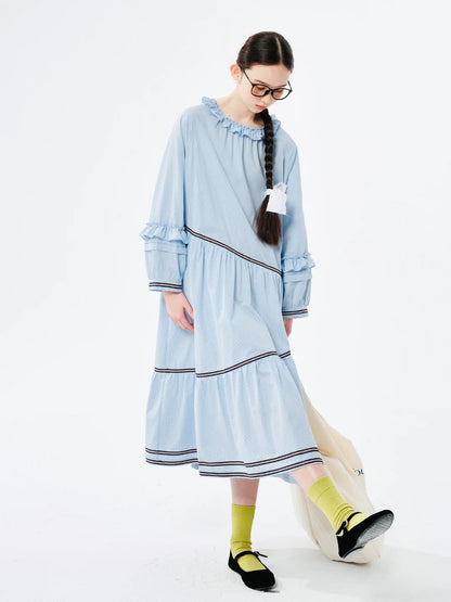 LVSANW IMAKOKONI original design blue long-sleeved round neck pullover lace splicing mid-length dress 244520