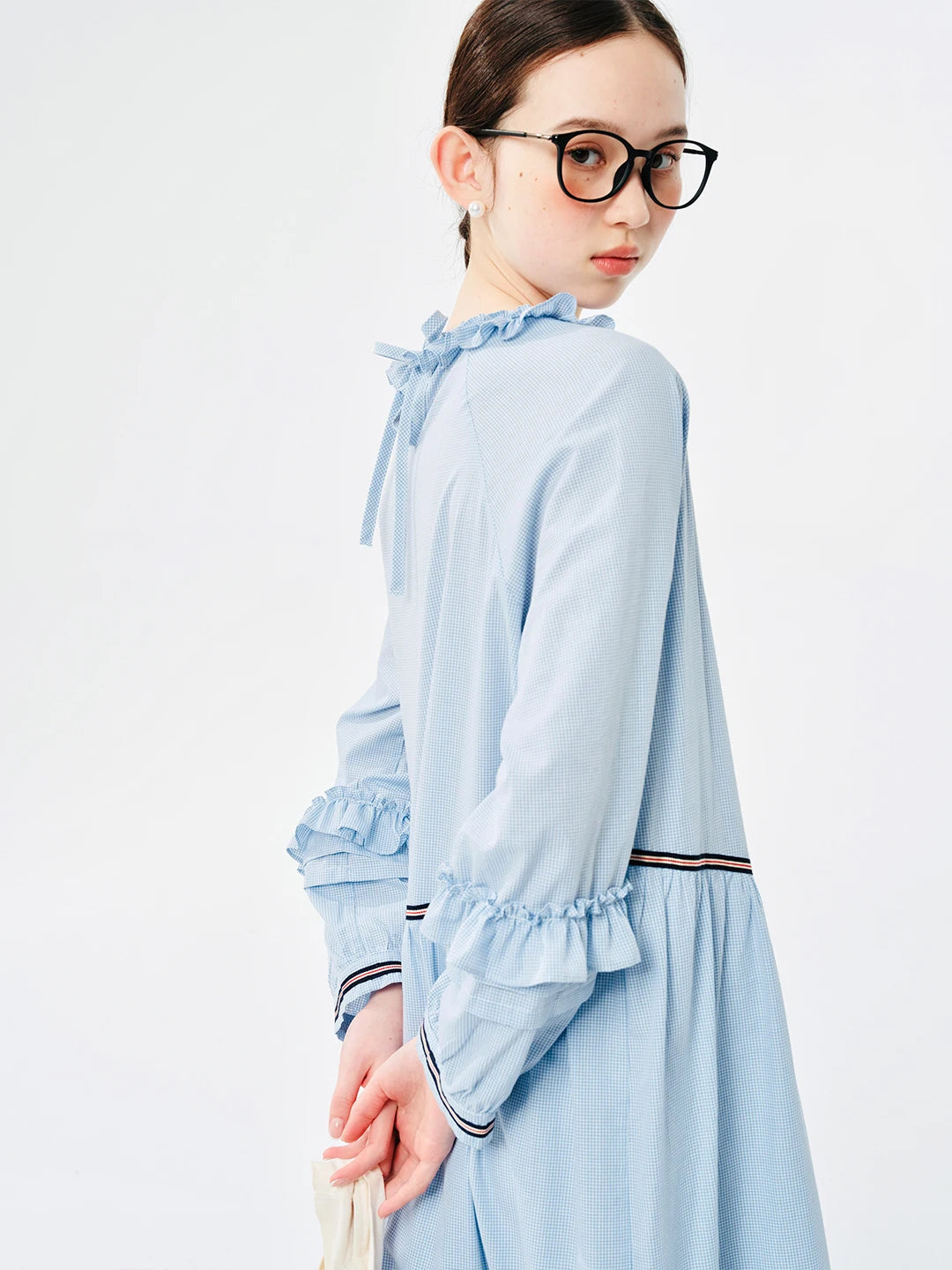 LVSANW IMAKOKONI original design blue long-sleeved round neck pullover lace splicing mid-length dress 244520