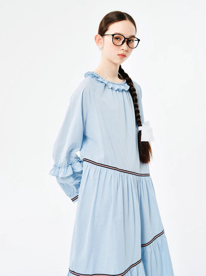 LVSANW IMAKOKONI original design blue long-sleeved round neck pullover lace splicing mid-length dress 244520