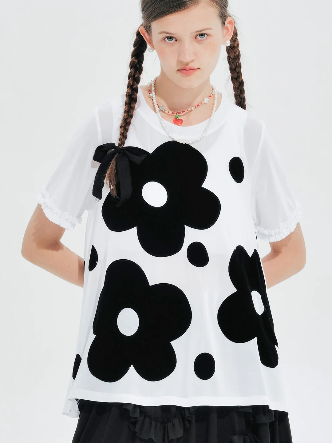 LVSANW IMAKOKONI original design round neck pullover black polka dot flower print short-sleeved summer T-shirt 244680