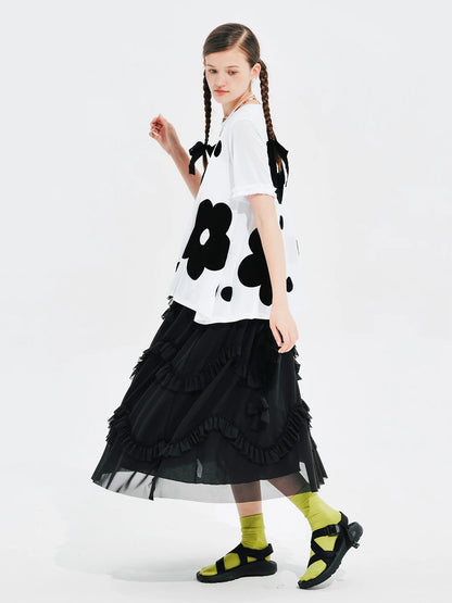 LVSANW IMAKOKONI original design round neck pullover black polka dot flower print short-sleeved summer T-shirt 244680