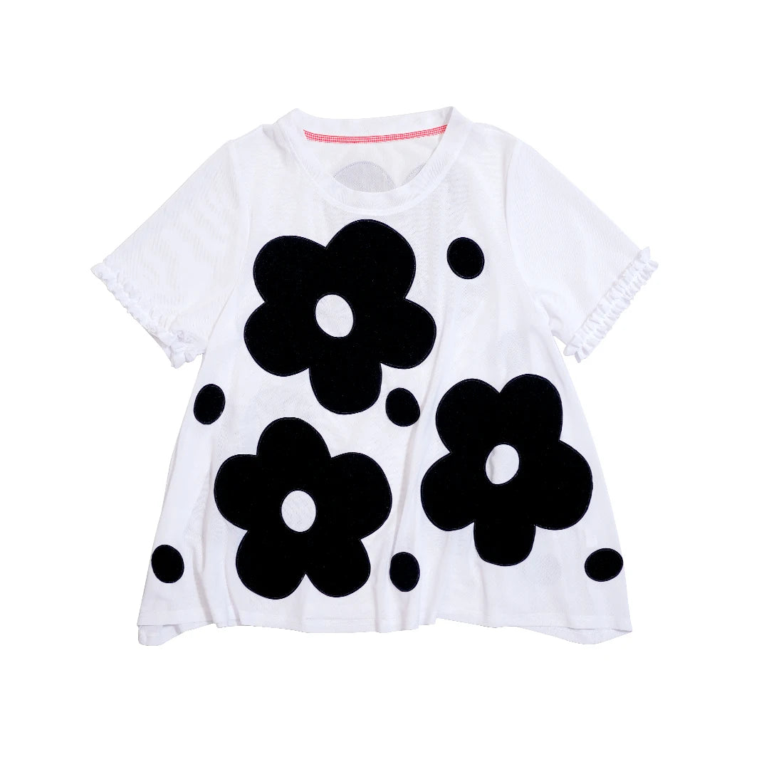 LVSANW IMAKOKONI original design round neck pullover black polka dot flower print short-sleeved summer T-shirt 244680