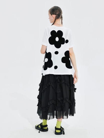 LVSANW IMAKOKONI original design round neck pullover black polka dot flower print short-sleeved summer T-shirt 244680