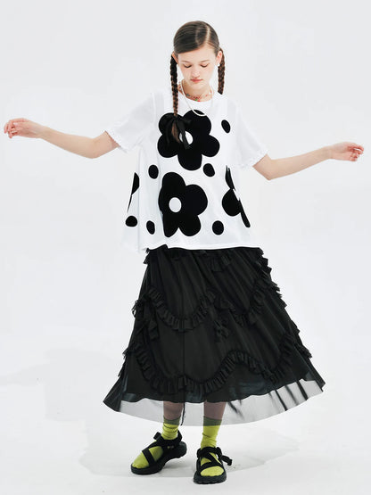 LVSANW IMAKOKONI original design round neck pullover black polka dot flower print short-sleeved summer T-shirt 244680