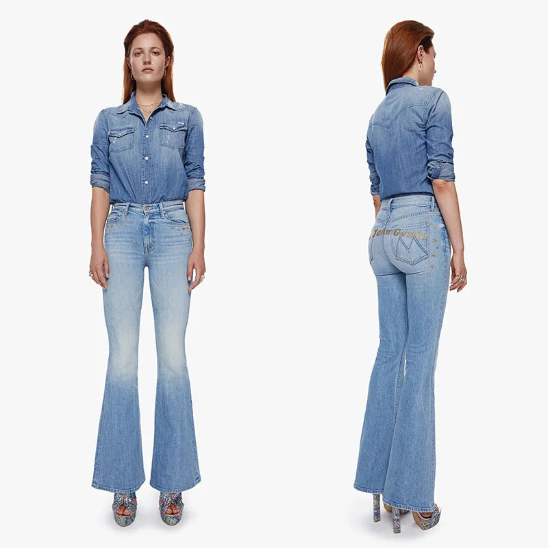 LVSANW IOO 23 Summer New Blue Soft Super Stretch Thin Flared Pants Glitter Personality Unique Print Denim Pants High Quality Free Ship