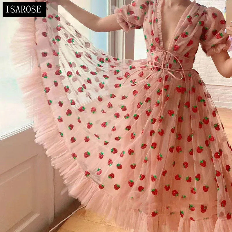 LVSANW ISAROSE 2024 Strawberry Dress Women Summer Deep V Puff Sleeve Sweet Voile Mesh Sequins Embroidery French Party Dresses 4XL 5XL